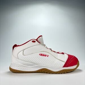 AND1 Fifty Fifty White Red Lace Up High Top Basketball Sneaker Shoes Men's Sz 9